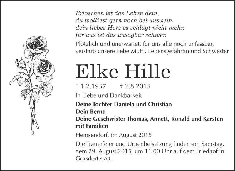 Traueranzeige für Elke Hille vom 15.08.2015 aus WVG - Wochenspiegel Wittenberg
