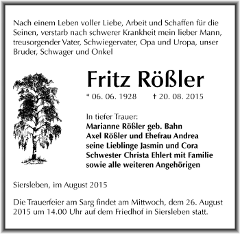 Traueranzeige von Fritz Rößler von Mitteldeutsche Zeitung Mansfelder Land