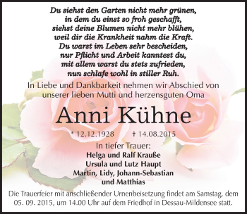 Traueranzeige von Anni Kühne von Mitteldeutsche Zeitung Dessau-Roßlau