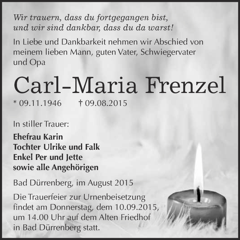  Traueranzeige für Carl-Maria Frenzel vom 15.08.2015 aus Super Sonntag Merseburg