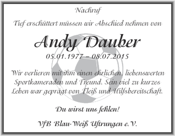 Traueranzeige von Andy Dauber von WVG - Wochenspiegel SGH