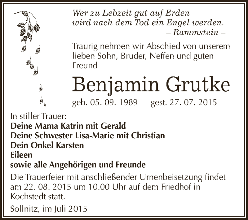  Traueranzeige für Benjamin Grutke vom 08.08.2015 aus WVG - Wochenspiegel Dessau / Köthen