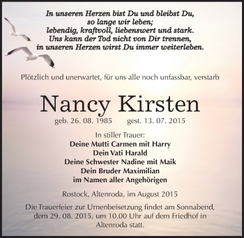 Traueranzeige von Nancy Kirsten von Mitteldeutsche Zeitung Naumburg/Nebra