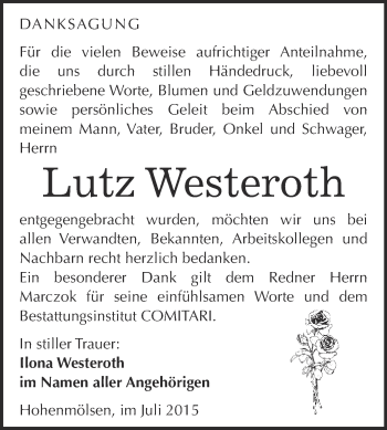 Traueranzeige von Lutz Westeroth von WVG - Wochenspiegel NMB / WSF / ZTZ