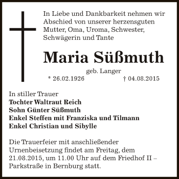 Traueranzeige von Maria Süßmuth von Super Sonntag Bernburg