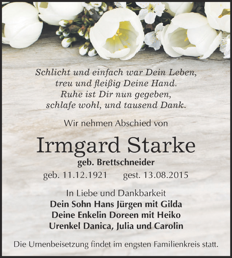  Traueranzeige für Irmgard Starke vom 22.08.2015 aus WVG - Wochenspiegel Dessau / Köthen