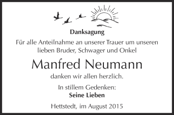 Traueranzeige von Manfred Neumann von Wochenspiegel Mansfelder Land
