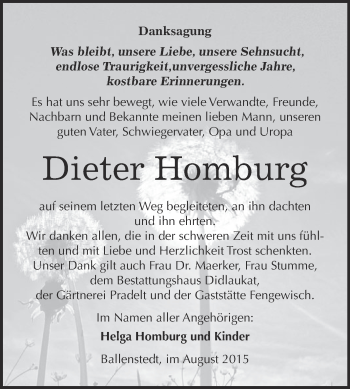 Traueranzeige von Dieter Homburg von WVG - Wochenspiegel Quedlinburg