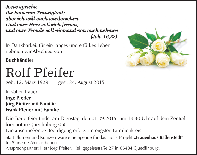  Traueranzeige für Rolf Pfeifer vom 28.08.2015 aus Mitteldeutsche Zeitung Quedlinburg