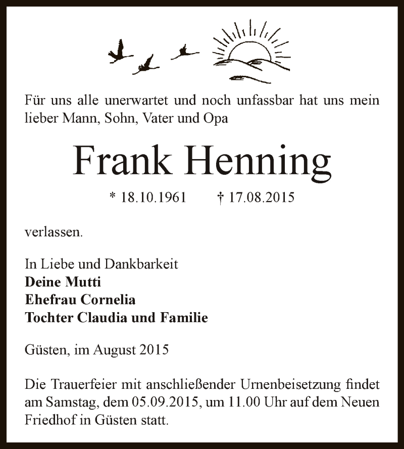  Traueranzeige für Frank Henning vom 22.08.2015 aus Super Sonntag Bernburg