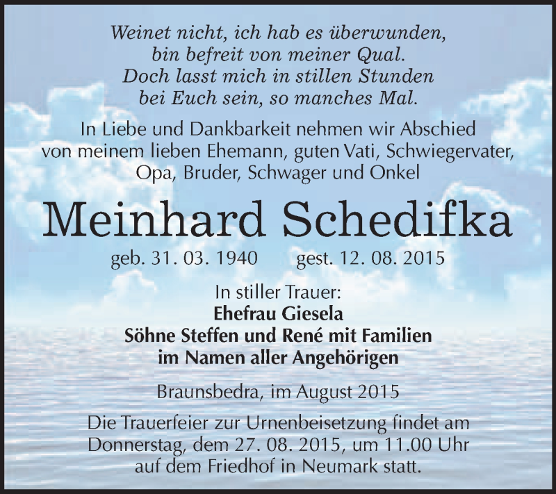  Traueranzeige für Meinhard Schedifka vom 22.08.2015 aus WVG - Wochenspiegel Merseburg