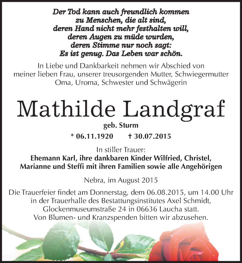  Traueranzeige für Mathilde Landgraf vom 03.08.2015 aus Mitteldeutsche Zeitung Naumburg/Nebra