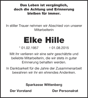 Traueranzeige von Elke Hille von WVG - Wochenspiegel Wittenberg