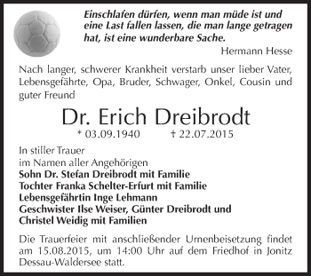 Traueranzeige von Erich Dreibrodt von WVG - Wochenspiegel Dessau / Köthen
