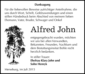 Traueranzeige von Alfred John von Mitteldeutsche Zeitung Merseburg/Querfurt