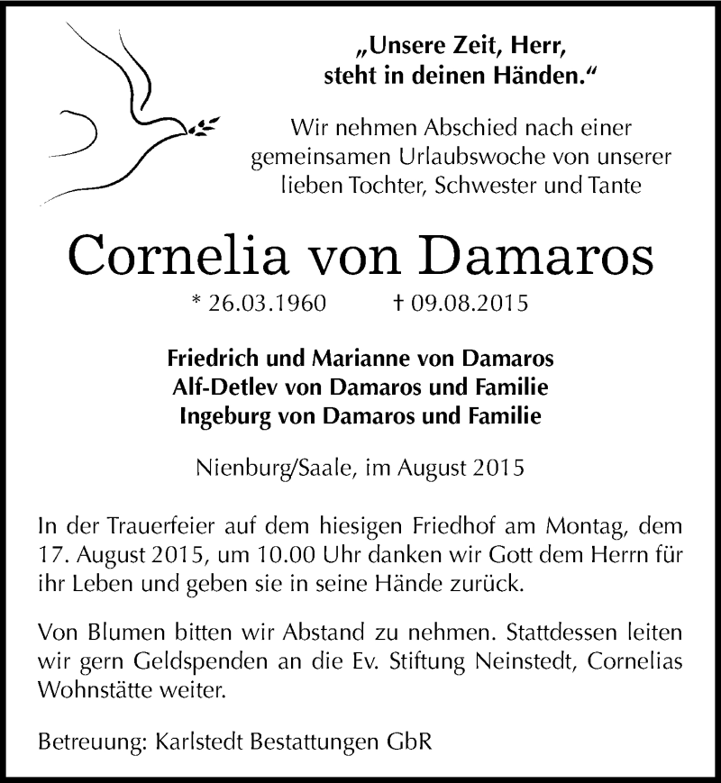  Traueranzeige für Cornelia von Damaros vom 13.08.2015 aus Mitteldeutsche Zeitung Bernburg