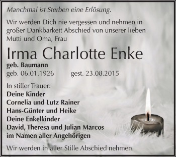 Traueranzeige von Irma Charlotte Enke von Super Sonntag Zeitz