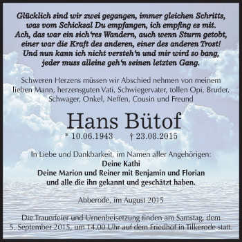 Traueranzeige von Hans Bütof von Super Sonntag SGH Mansf. Land