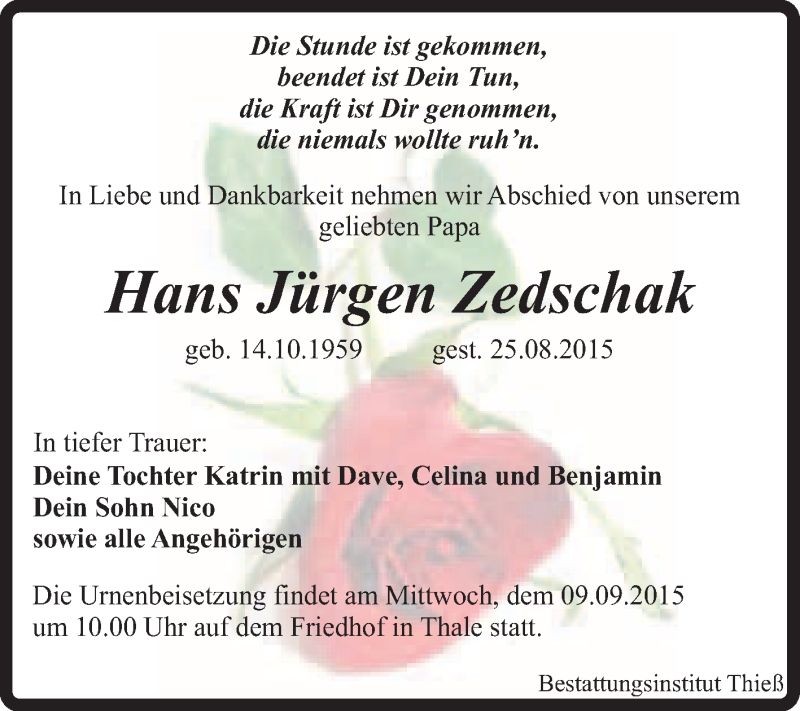  Traueranzeige für Hans Jürgen Zedschak vom 29.08.2015 aus Super Sonntag Quedlinburg