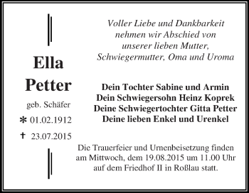 Traueranzeige von Ella Petter von WVG - Wochenspiegel Dessau / Köthen