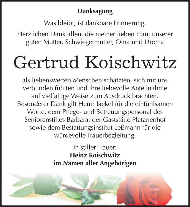  Traueranzeige für Gertrud Koischwitz vom 15.08.2015 aus Mitteldeutsche Zeitung Wittenberg