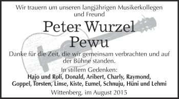 Traueranzeige von Peter Wurzel von Super Sonntag Wittenberg