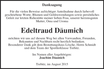 Traueranzeige von Edeltraud Däumich von WVG - Wochenspiegel Wittenberg