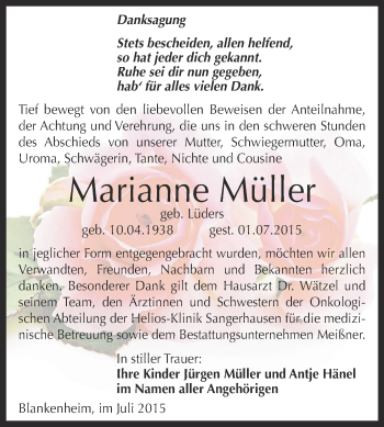 Traueranzeige von Marianne Müller von Super Sonntag SGH Mansf. Land