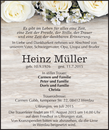 Traueranzeige von Heinz Müller von Mitteldeutsche Zeitung Sangerhausen
