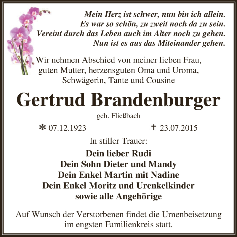  Traueranzeige für Gertrud Brandenburger vom 01.08.2015 aus WVG - Wochenspiegel Dessau / Köthen