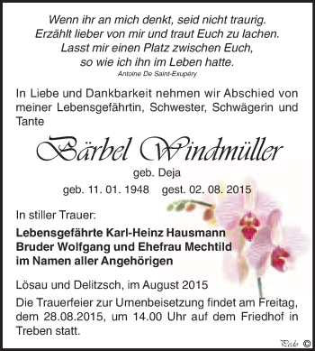 Traueranzeige von Bärbel Windmüller von WVG - Wochenspiegel NMB / WSF / ZTZ