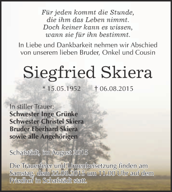 Traueranzeige von Siegfried Skiera von WVG - Wochenspiegel Merseburg