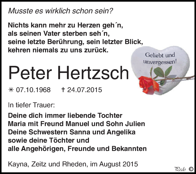  Traueranzeige für Peter Hertzsch vom 01.08.2015 aus Super Sonntag Zeitz