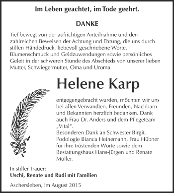 Traueranzeige von Helene Karp von Super Sonntag Aschersleben