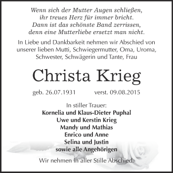 Traueranzeige von Christa Krieg von WVG - Wochenspiegel NMB / WSF / ZTZ