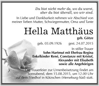 Traueranzeige von Hella Matthäus von Mitteldeutsche Zeitung Merseburg/Querfurt