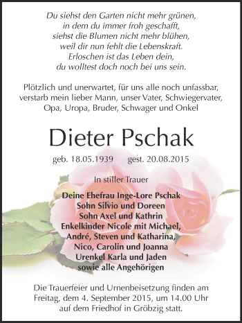 Traueranzeige von Dieter Pschak von WVG - Wochenspiegel Dessau / Köthen