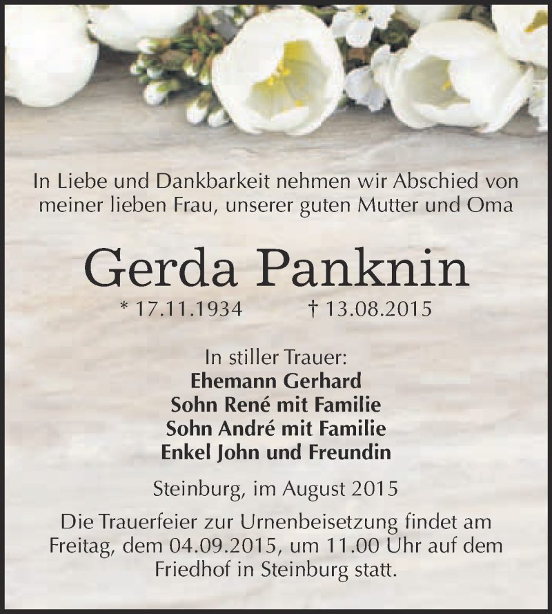  Traueranzeige für Gerda Panknin vom 26.08.2015 aus WVG - Wochenspiegel NMB / WSF / ZTZ