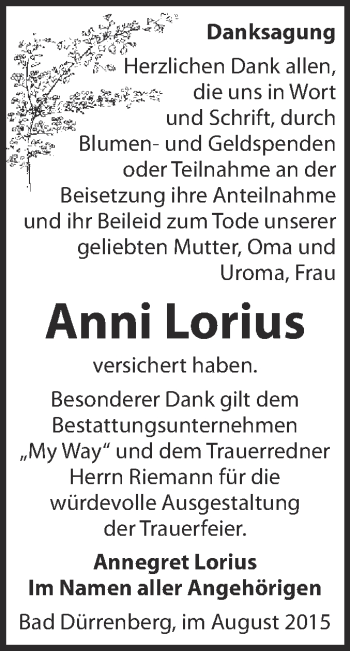 Traueranzeige von Anni Lorius von Super Sonntag Merseburg