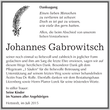 Traueranzeige von Johannes Gabrowitsch von Super Sonntag SGH Mansf. Land
