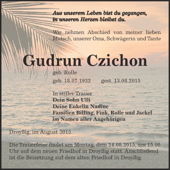 Traueranzeige von Gudrun Czichon von Super Sonntag Zeitz