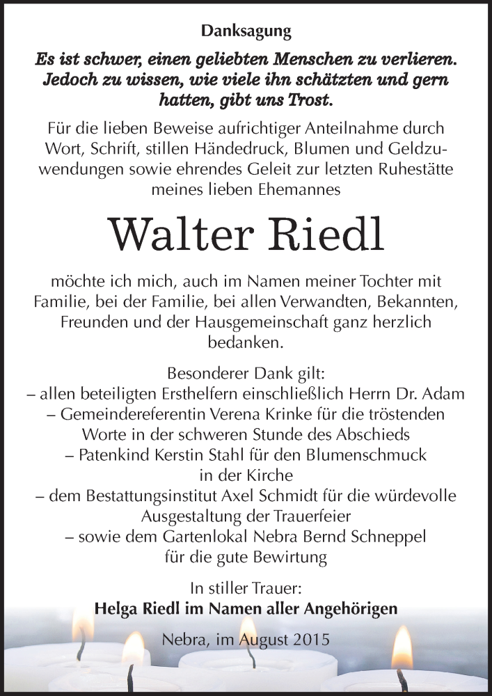  Traueranzeige für Walter Riedl vom 07.08.2015 aus Mitteldeutsche Zeitung Naumburg/Nebra