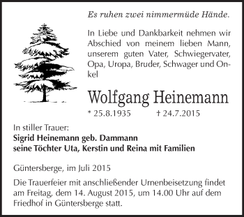 Traueranzeige von Wolfgang Heinemann von WVG - Wochenspiegel Quedlinburg