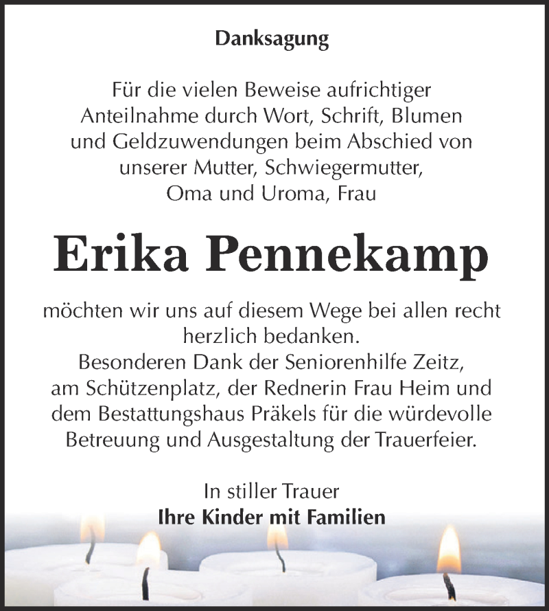  Traueranzeige für Erika Pennekamp vom 15.08.2015 aus Super Sonntag Zeitz