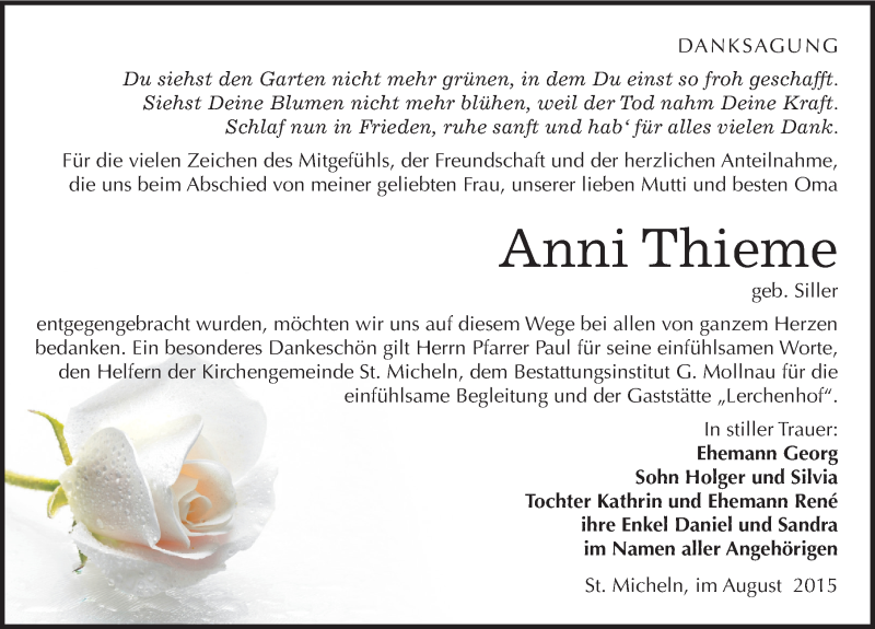  Traueranzeige für Anni Thieme vom 08.08.2015 aus Mitteldeutsche Zeitung Merseburg/Querfurt
