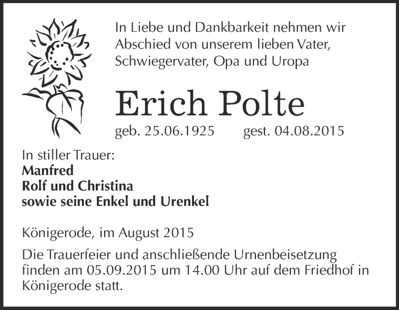  Traueranzeige für Erich Polte vom 22.08.2015 aus Super Sonntag Quedlinburg