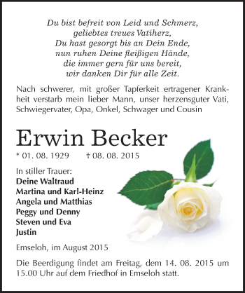 Traueranzeige von Erwin Becker von Mitteldeutsche Zeitung Sangerhausen
