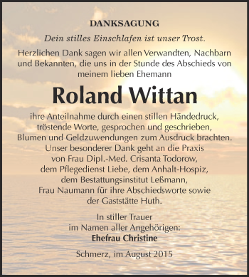 Traueranzeige von Roland Wittan von WVG - Wochenspiegel Wittenberg
