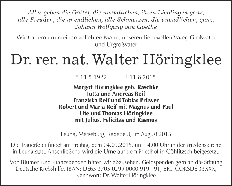  Traueranzeige für Walter Höringklee vom 22.08.2015 aus WVG - Wochenspiegel Merseburg