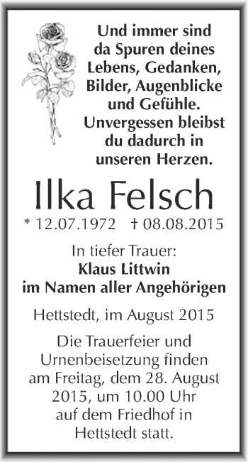 Traueranzeige von Ilka Felsch von Wochenspiegel Mansfelder Land